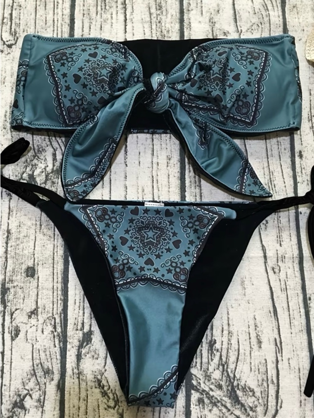 Blue Paisley Tie-Front Bandeau Bikini Set - Women Swim